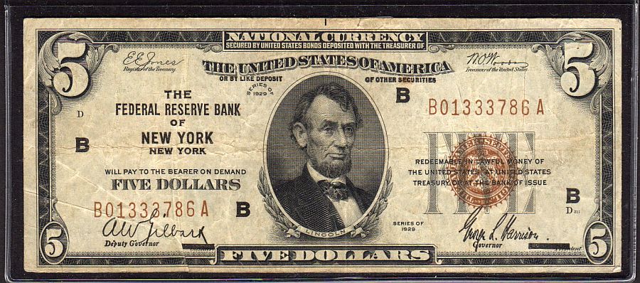 Fr.1850-B, 1929 $5 New York FRBN, B01333786A